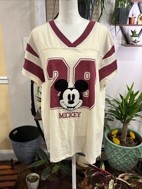 Disney Mickey Mouse Cream & Maroon Mickey 28 Football Tee size 1X